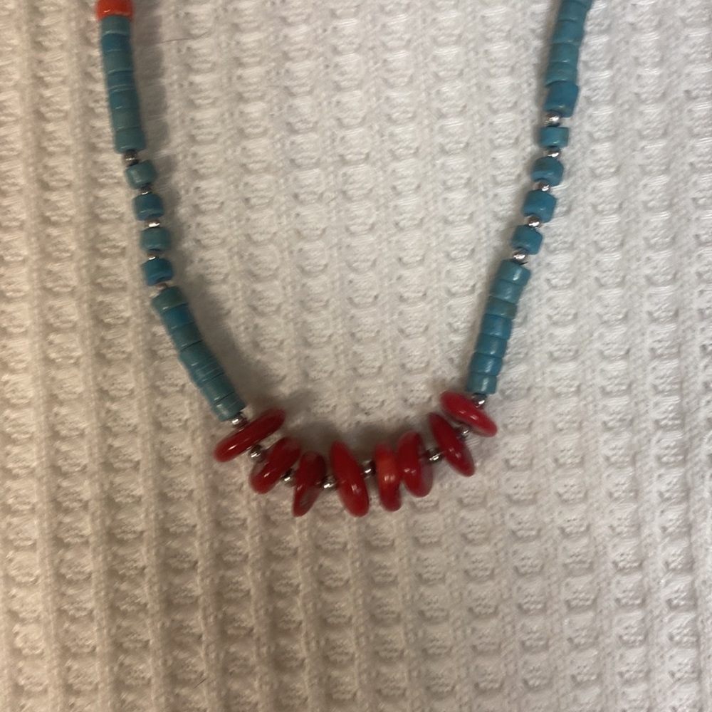Native American Block turquoise heishi & mediterranean coral necklace